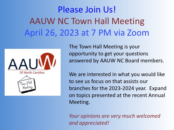 AAUW NC Town Hall Invitation, April 26, 2023 7 PM